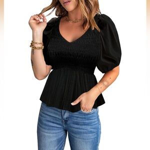 Puff Short Sleeve Peplum V-Neck Smocked Top Blouse - Black